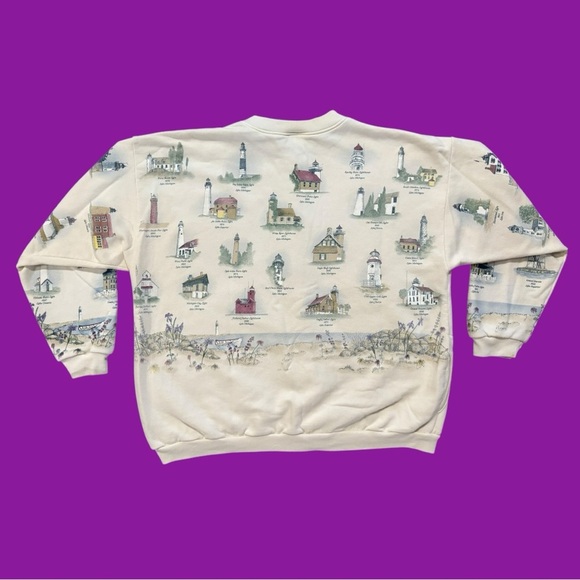 90s Mackinac Island Lighthouse Button Down Sweatshirt - Picture 2 of 5